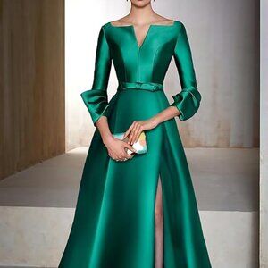 Women Green Satin Long A Line Gown - Size 16 but fits like a 14